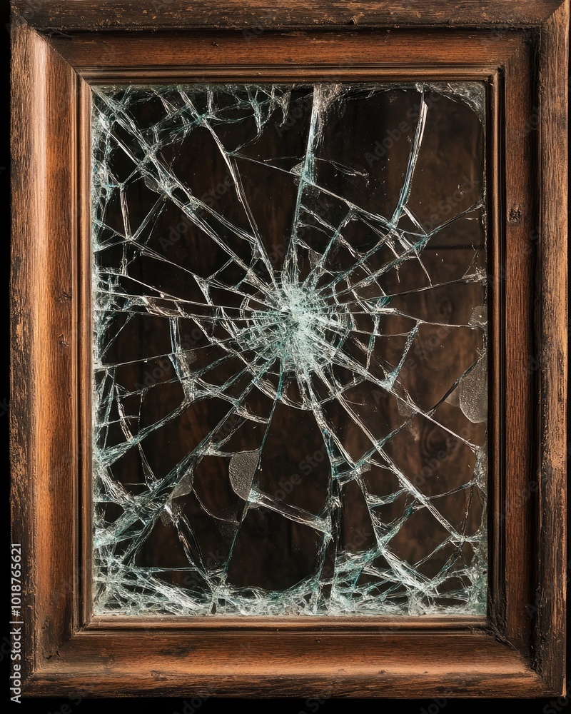 Poster smashed glass window in an old wooden frame with finely broken glass and a cracked frame showcasing 