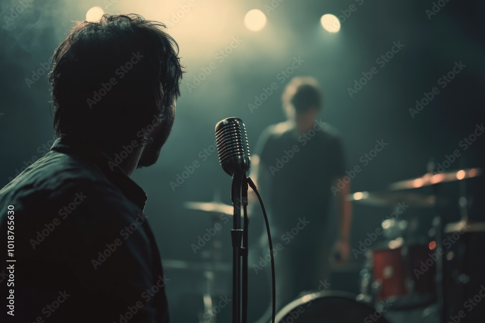 Poster a person holding a microphone on a performance stage, ideal for concert or event images