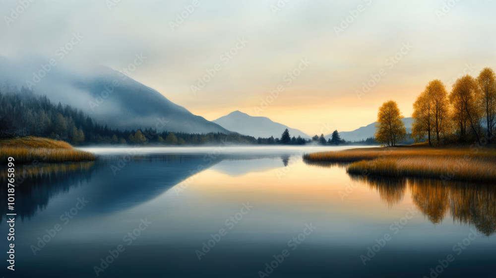 Poster tranquil lake at dawn showcases soft reflections of mountains and trees, creating serene atmosphere.