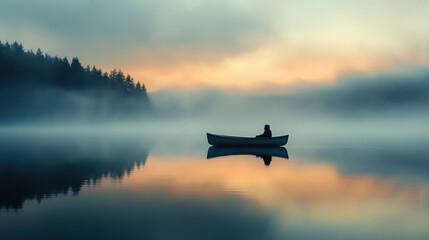 serene lake at dawn with soft reflections and lone figure in boat, surrounded by misty trees, creates tranquil atmosphere