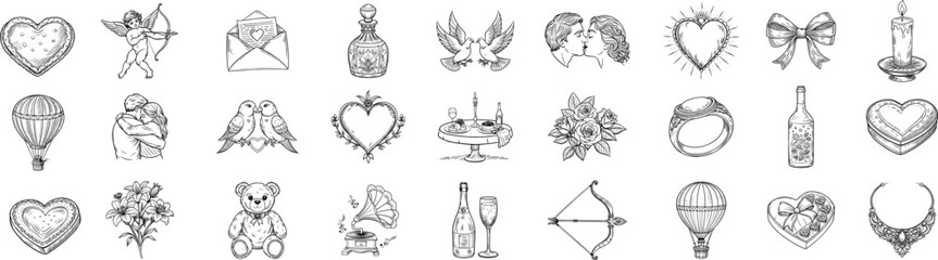 Valentine's day vector kit. Hand drawn elements for Romantic events. Collection of themes of Love doodle illustration. Engraving style retro set