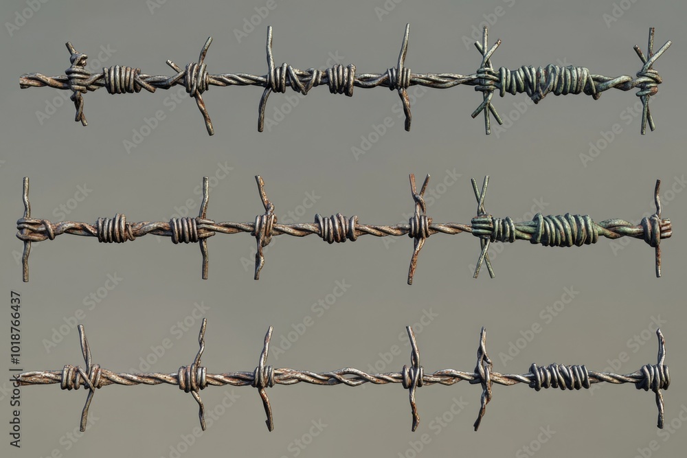 Poster a close-up view of a barbed wire fence with sharp edges and metal bars