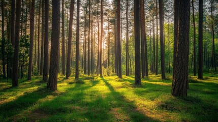Obraz premium Sunlight streams through the tall trees of a pine forest, illuminating the green undergrowth.