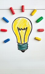 Colorful light bulb sketch surrounded by crayons on a white background.