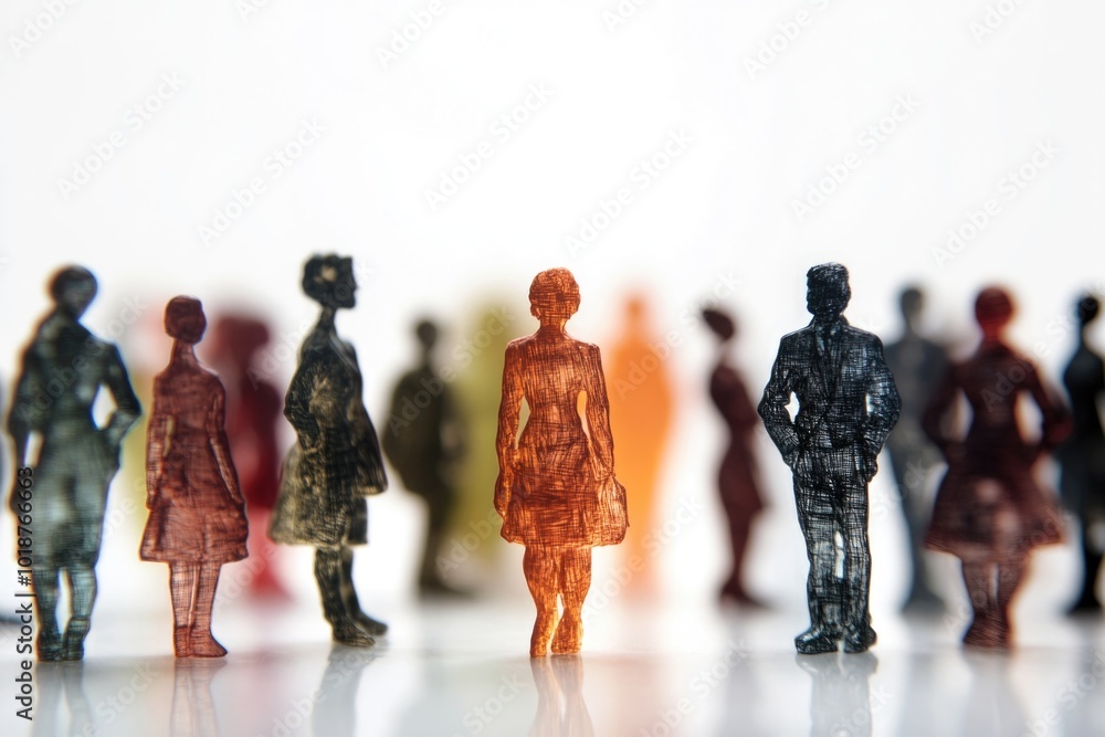 Poster A collection of small plastic toy figures arranged in a row, ideal for use in illustrations or designs