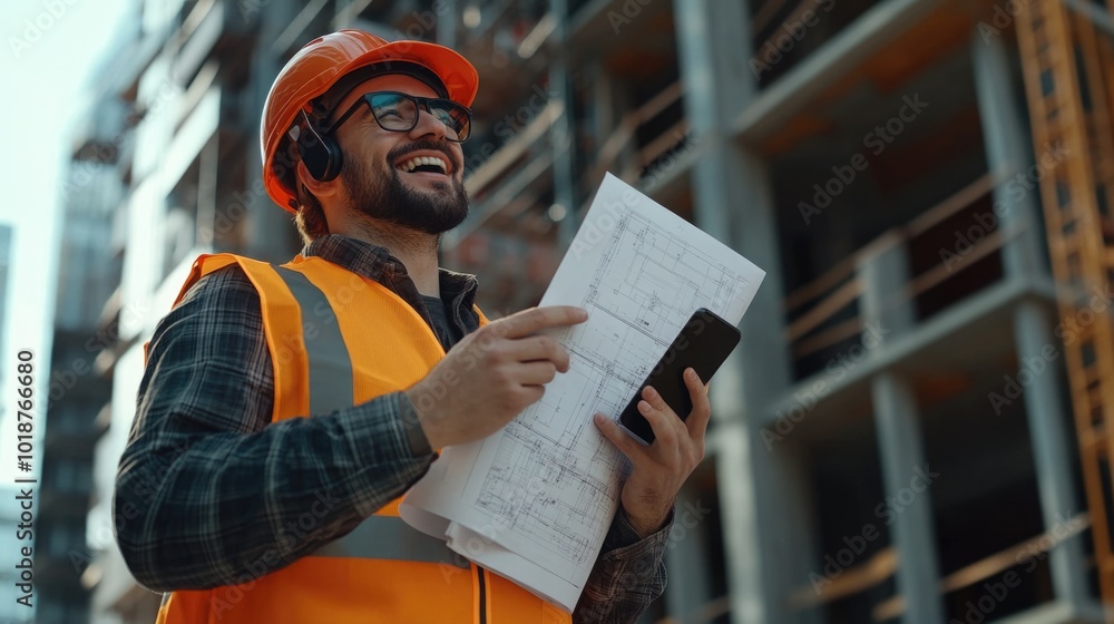 Poster a worker holds a document while wearing a reflective vest, suitable for construction or road work us