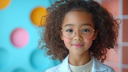 A young girl with curly hair and glasses poses confidently in a colorful academic setting, showcasing her bright personality and curiosity