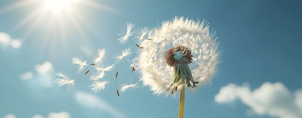 Dandelion Seeds Dispersing in the Wind Against a Blue Sky