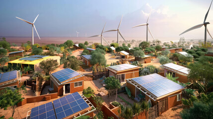 Obraz premium A rural village in a developing country powered by renewable resources, featuring solar panels and wind turbines integrated into homes and schools. Clean and innovative visuals.