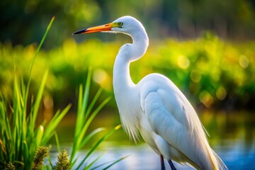 Fototapeta premium Elegant White Heron Bird Standing Gracefully in Tranquil Waters of a Serene Natural Habitat