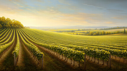 warm sunny vineyard with rows of vines stretching across landscape, showcasing beauty of nature and tranquility of rural life