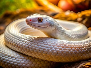 Fototapeta premium Elegant White Snake Pet Relaxing on Soft Surface with Natural Lighting and Subtle Shadows in Background