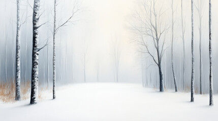 serene winter forest scene painted with cool whites and grays, featuring tall, bare trees surrounded by soft snow. atmosphere evokes sense of calm and tranquility