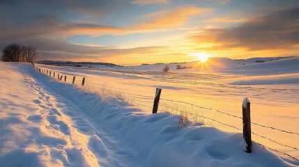serene winter sunset casts warm glow over snowy landscape, illuminating fields and rustic fence. tranquil scene evokes sense of peace and beauty in nature
