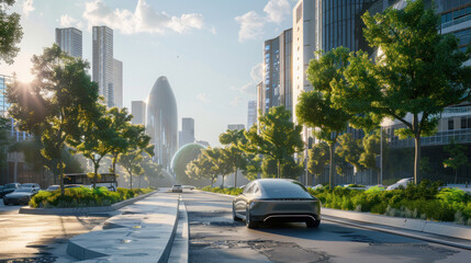 A smart city powered by AI-driven renewable energy solutions, with electric vehicles, smart homes, and green infrastructure seamlessly connected. Sleek, innovative design.