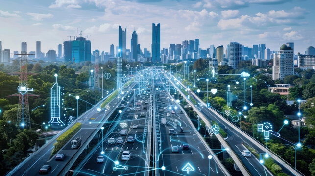 A smart city powered by AI-driven renewable energy solutions, with electric vehicles, smart homes, and green infrastructure seamlessly connected. Sleek, innovative design.