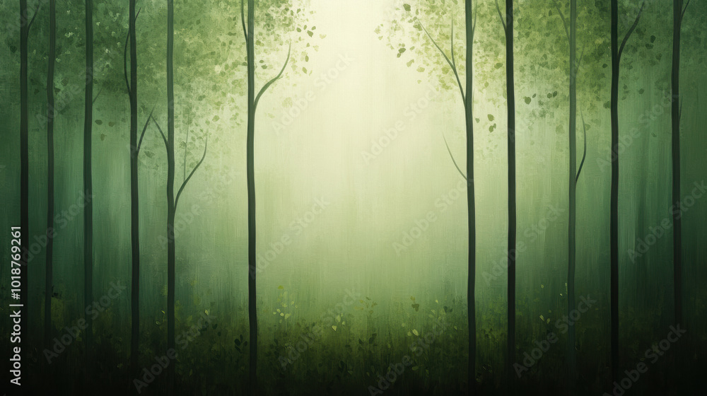 Aufkleber serene forest scene with tall trees and soft green hues, creating tranquil atmosphere. light filters
