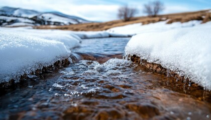 Snow melting into a mountain stream, representing the seasonal transformation of water from solid to liquid, snowmelt water, seasonal water power