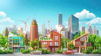 A smart city powered by bioenergy, with eco-friendly homes, electric vehicles, and sustainable infrastructure. Modern and innovative design.
