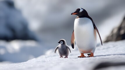 Naklejka premium Adult and Chick Gentoo Penguin Standing on Snow