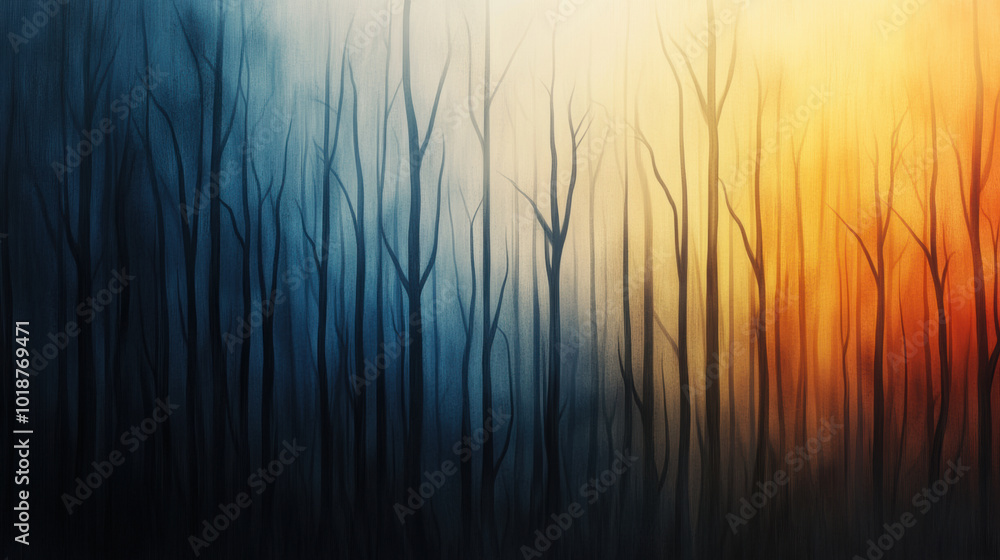 Poster abstract interpretation of forest fire with dark silhouettes of trees against gradient background of