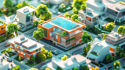 A smart city where renewable resources generate electricity for homes, schools, and businesses. Clean, modern design with a sustainable tone.