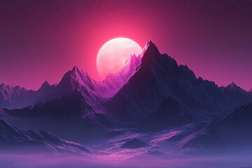 Fototapeta premium A Large Pink Moon Rising Over a Mountain Range