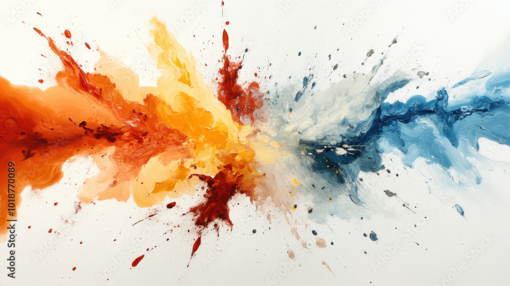 Poster abstract representation of volcanic eruption with bold fiery colors, showcasing dynamic splashes of 