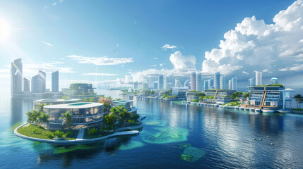 Fototapeta premium A smart coastal city powered by tidal energy, with sleek infrastructure and modern architecture blending seamlessly with the ocean environment. Bright, eco-friendly design.