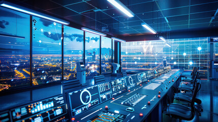 A smart energy grid control room, managing a city's renewable energy infrastructure with advanced technology and real-time data. High-tech, professional tone.