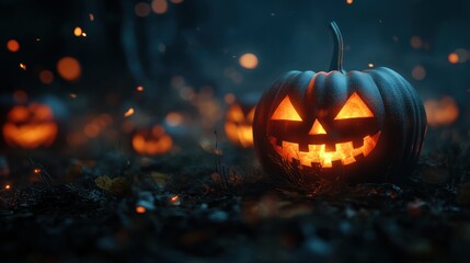 Jack O' Lanterns Glowing In Fantasy Night. Halloween Background