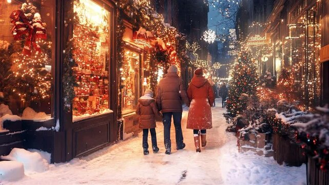 Christmas city scene. Family walking holding hands on cozy street with Christmas lights, as snow gently falls, creating a warm and magical holiday atmosphere. Video made using Generative AI.