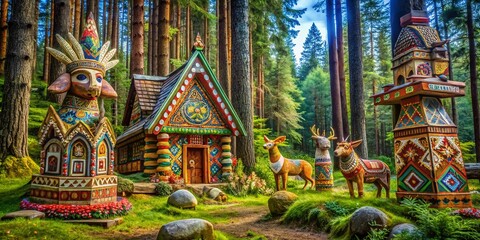 Obraz premium Enchanting Slavic Folklore Elements: Mystical Creatures, Forests, and Traditional Symbols Unveiled