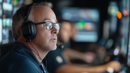 Focused broadcast professional in a control room setting