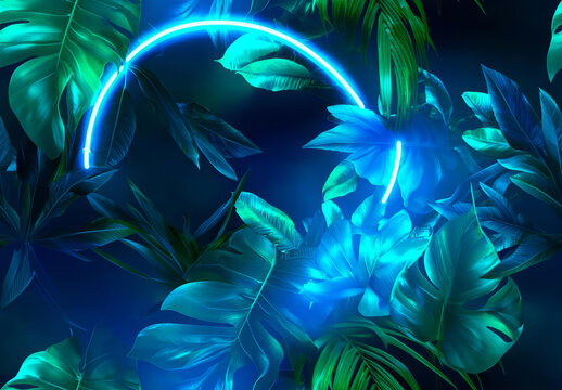 Seamless Green and Blue Neon Light with Tropical Leaves , isolated on white background, , copy space for text,