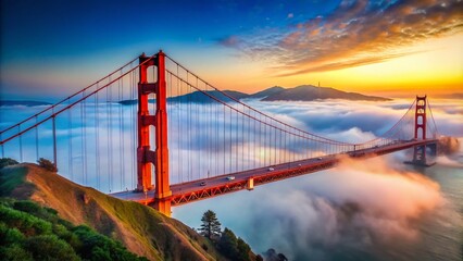 Fototapeta premium Enigmatic Fog Shrouds the Majestic Golden Gate Bridge in San Francisco's Iconic Landscape Scene