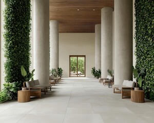 Biophilic hotel design with tree-like pillars and rooms surrounded by natural vegetation, eco-resort, organic architecture