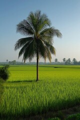 Fototapeta premium A palm tree stands in a field of green grass. The sky is clear and blue