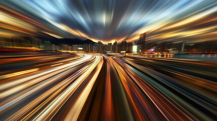 Cityscape with blurred light trails and a dramatic sky.