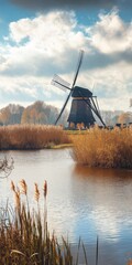 A windmill is in the middle of a field with a body of water in the background. The scene is peaceful and serene, with the windmill standing tall and proud in the midst of the grassy field