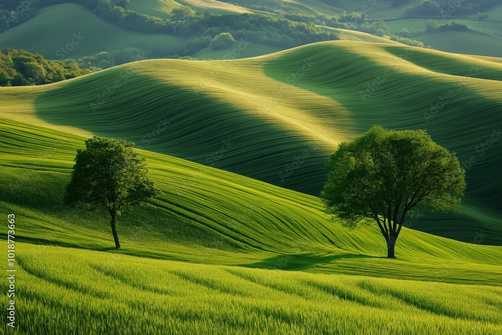 Poster a lush green field with two trees in the foreground. the trees are in the middle of the field and ar