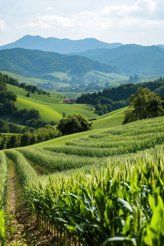 Aufkleber a lush green field with a path running through it. the field is full of corn and the sky is clear