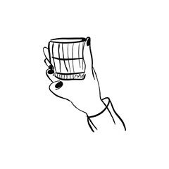 Hand drawn illustration of a hand holding glass. Hand made vector doodle drawing with pencil texture isolated on white background.