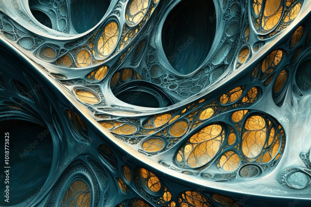 Fototapete abstract 3d rendering of a gray and gold organic structure