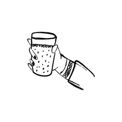 Hand holding glass with a drink - hand made illustration with pencil texture. Doodle freehand vector drawing isolated on white background.