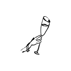 Hand made illustration - doodle drawing of a hand holding champagne glass. Vector hand drawn decorative illustration isolated on white background.