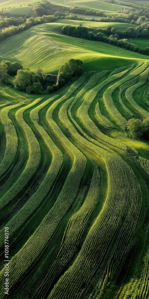 Poster a field of green grass with a few trees in the background. the grass is cut in a wavy pattern