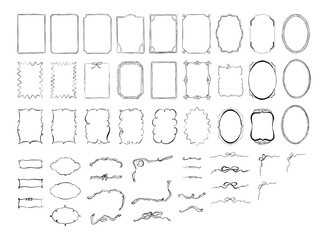 Big collection of hand drawn frames and divider decorations. Freehand vector drawings with pencil texture, isolated on white back ground.