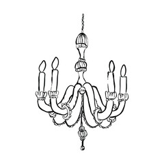 Handmade chandelier drawing. Vector hand drawn doodle decorative illustration. Isolated on white background.