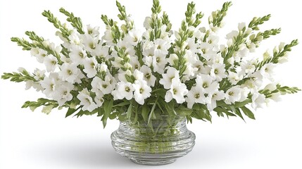 A large bouquet of white snapdragons arranged in a clear glass vase, isolated on a white background.